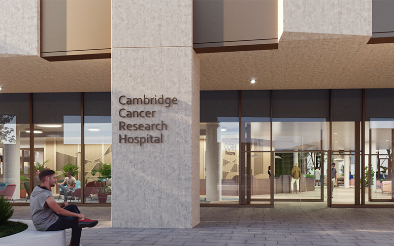 Image of what the Cambridge Cancer Research Hospital entrance will look like