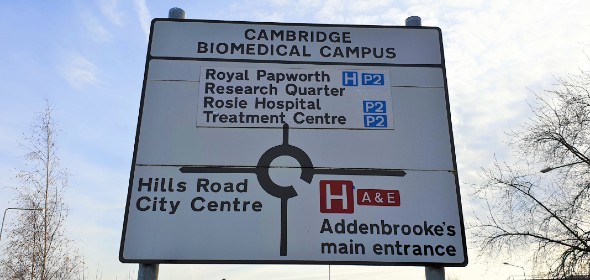 Photo of information sign at the Hills Road entrance of the Cambridge Biomedical Campus