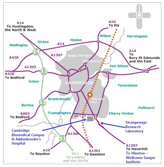 Map of roads into Cambridge